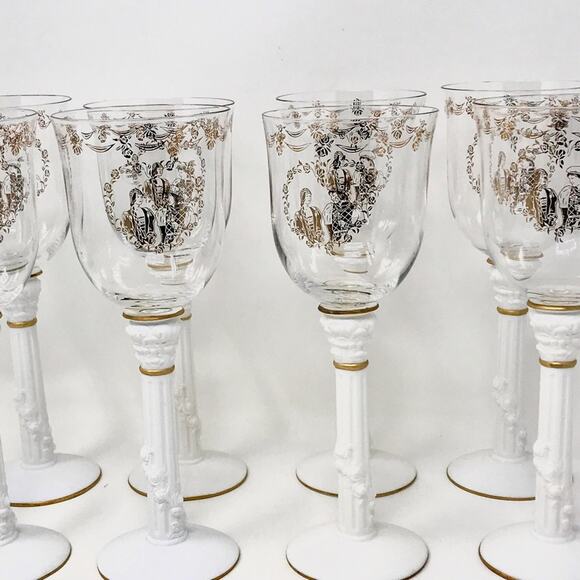 Romeo & Juliet Crystal & Porcelain Goblets Set 8 Austrian Vintage 22k Gold - Picture 2 of 10
